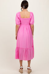 Pink Pleated Bodice Puff Sleeve Midi Dress