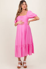Pink Pleated Bodice Puff Sleeve Maternity Midi Dress