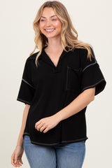 Black Solid Ribbed Collar V-Neck Tunic Top