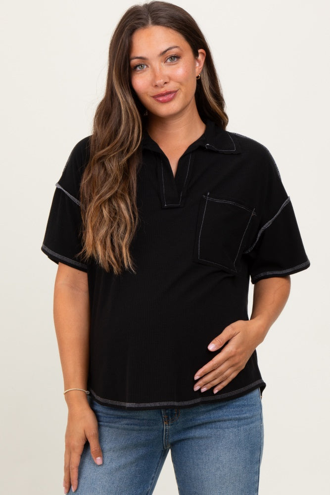 Black Solid Ribbed Collar V-Neck Maternity Tunic Top
