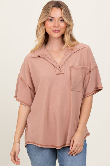 Beige Solid Ribbed Collar V-Neck Tunic Top