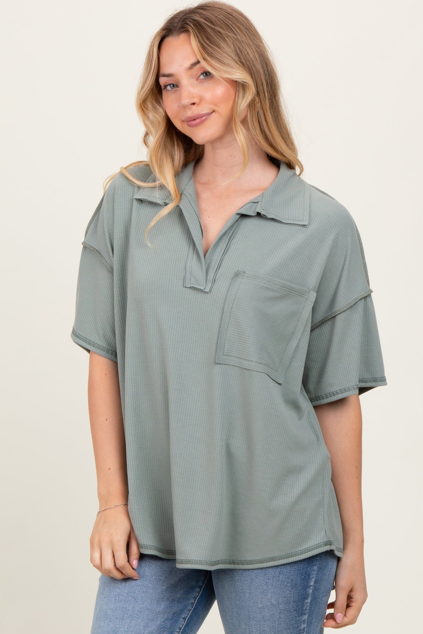Olive Solid Ribbed Collar V-Neck Tunic Top