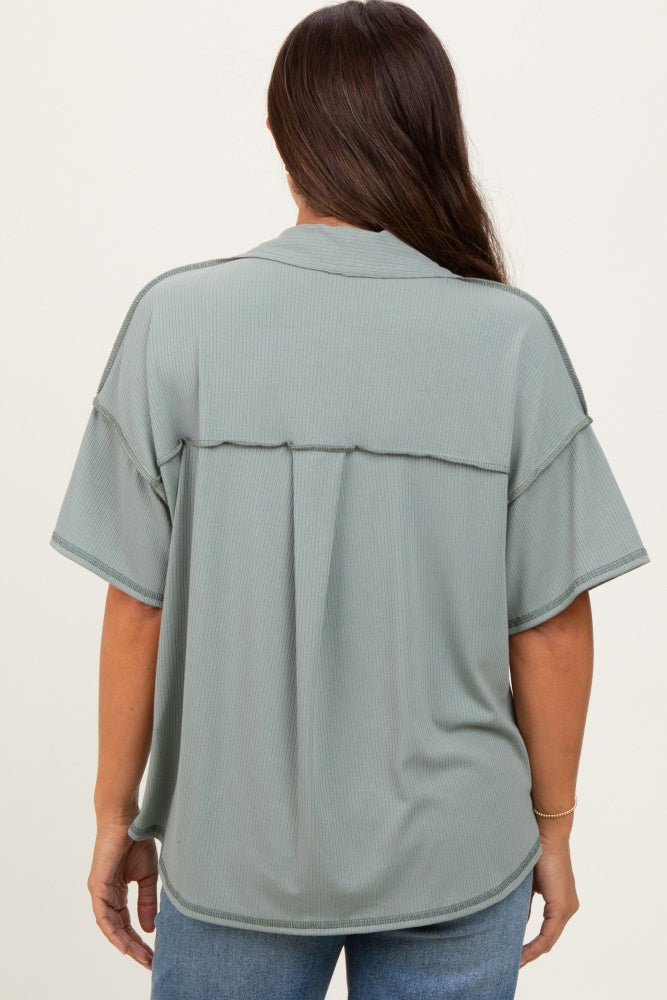 Olive Solid Ribbed Collar V-Neck Maternity Tunic Top