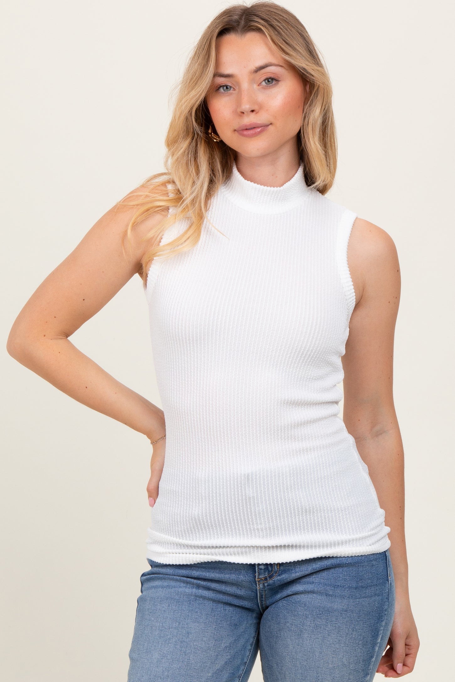 Ivory Striped Ribbed Mock Neck Sleeveless Top