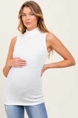 Ivory Striped Ribbed Mock Neck Sleeveless Maternity Top