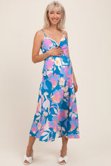 Blue Floral O-Ring Maternity Midi Dress