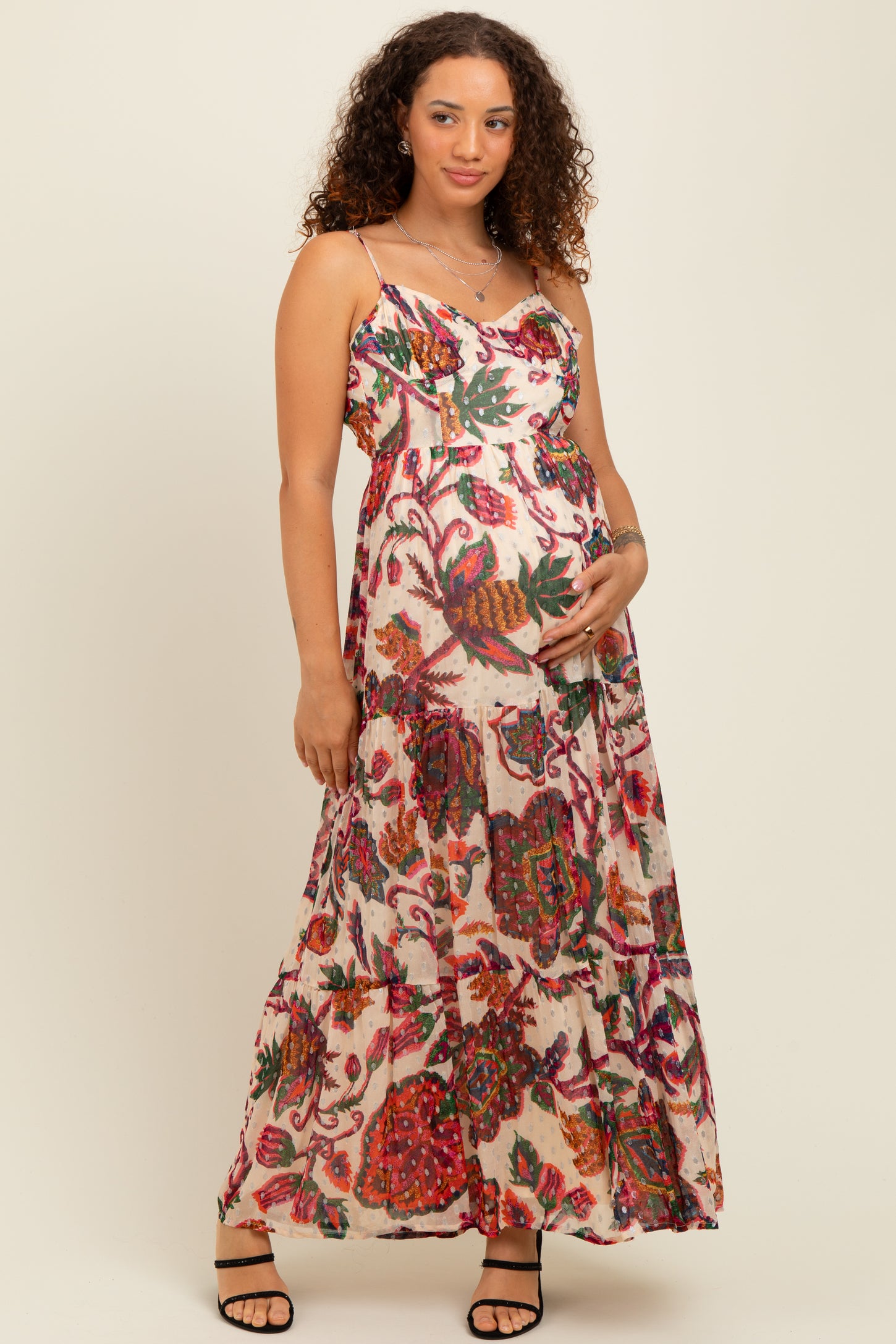Cream Floral Back Cutout Tie Back Maternity Maxi Dress