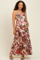 Cream Floral Back Cutout Tie Back Maternity Maxi Dress