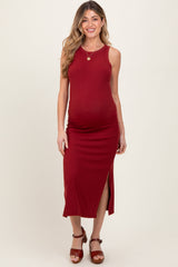 Burgundy Ribbed Maternity Side Slit Tank Dress