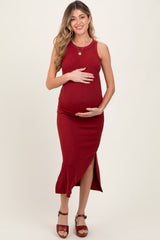 Burgundy Ribbed Maternity Side Slit Tank Dress