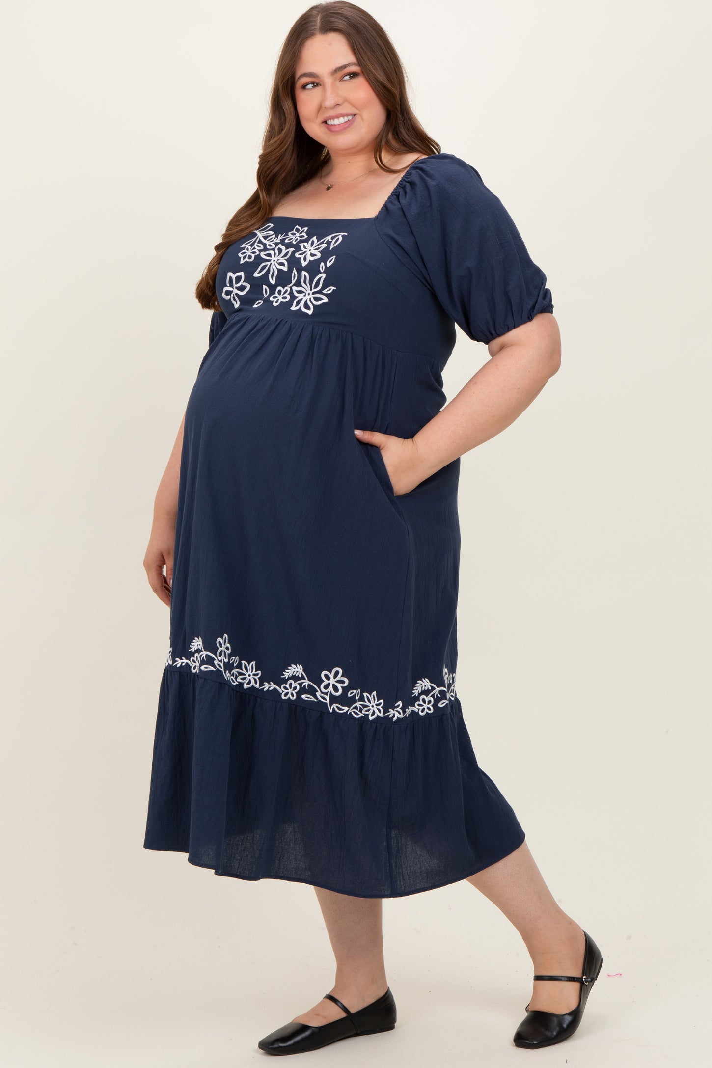 Navy Embroidered Floral Square Neck Maternity Plus Maxi Dress