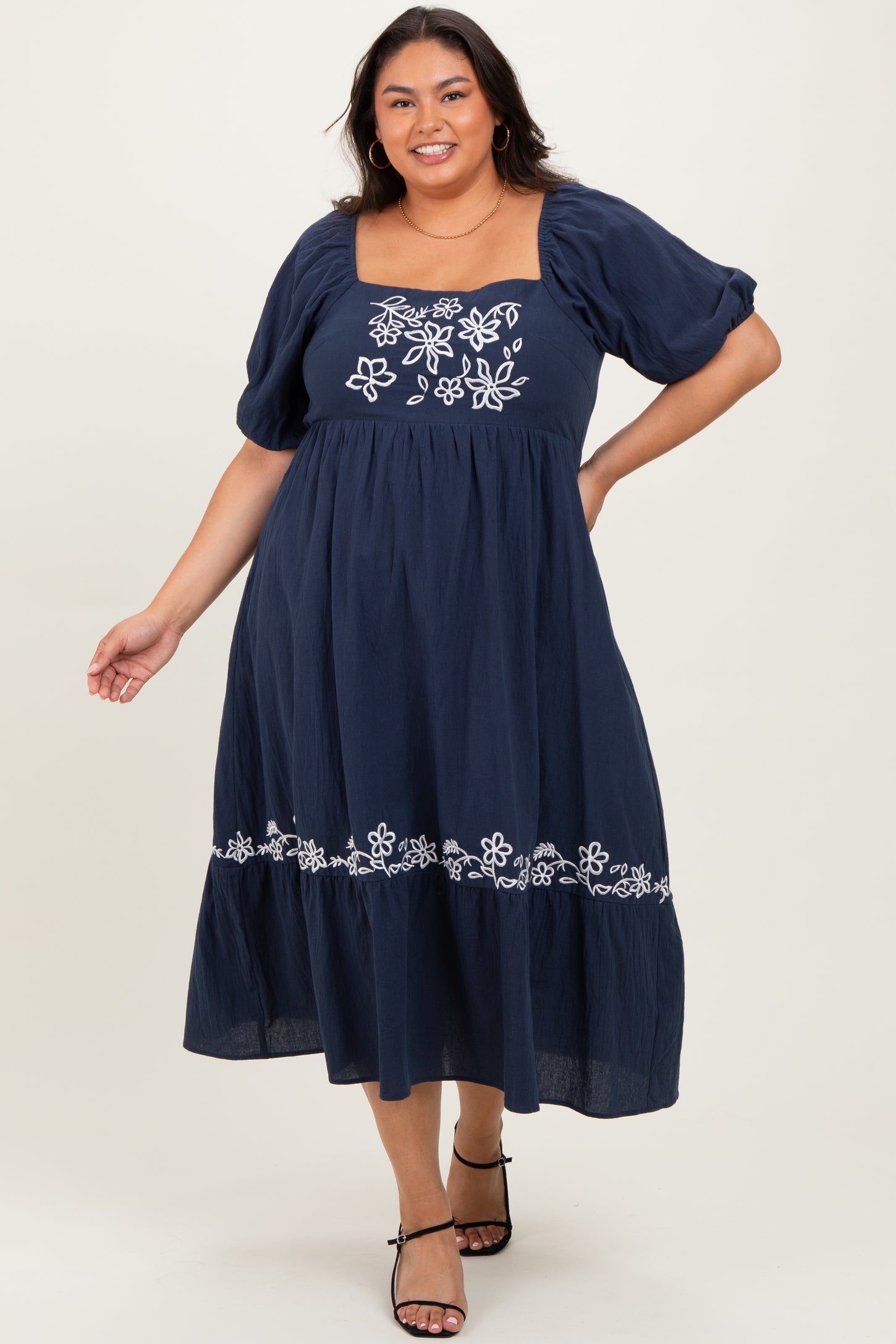 Navy Embroidered Floral Square Neck Plus Maxi Dress