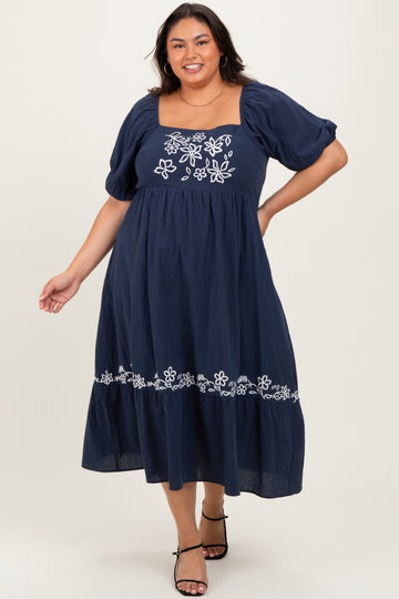 Navy Embroidered Floral Square Neck Plus Maxi Dress
