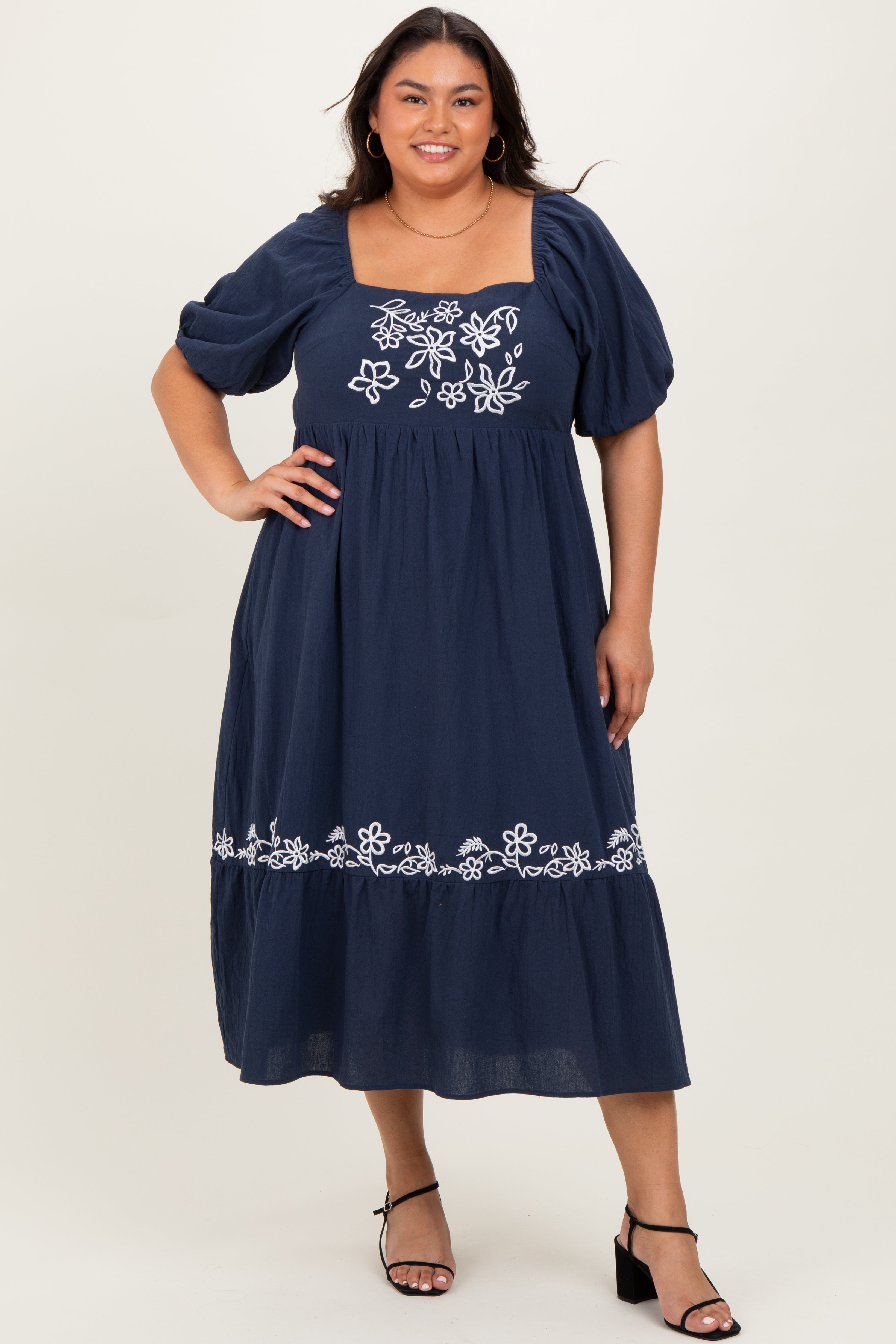 navy embroidered maxi dress Jovani Navy Embroidered Long Sleeve V Neck Prom Gown Dress