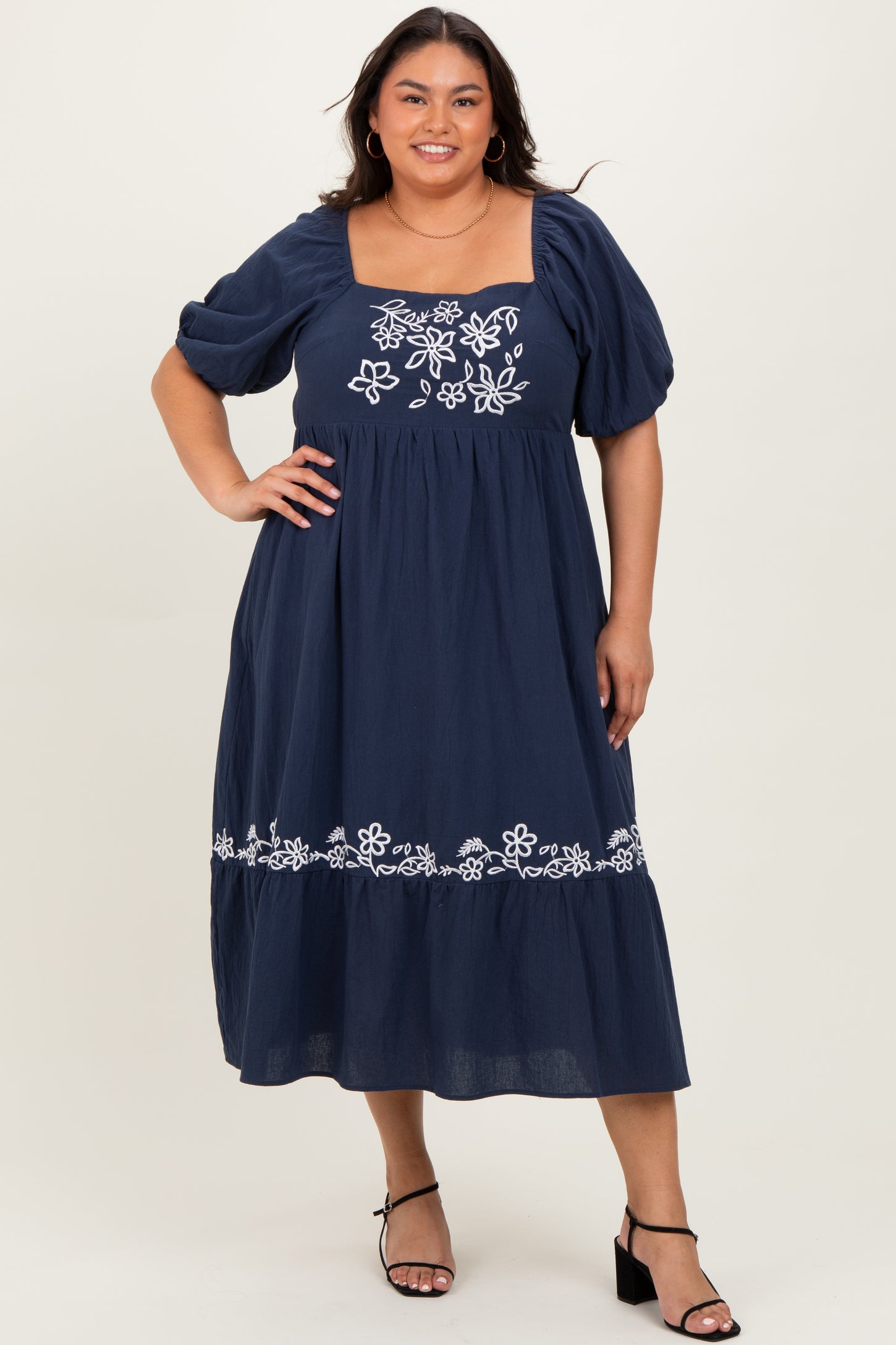 Navy Embroidered Floral Square Neck Maternity Plus Maxi Dress