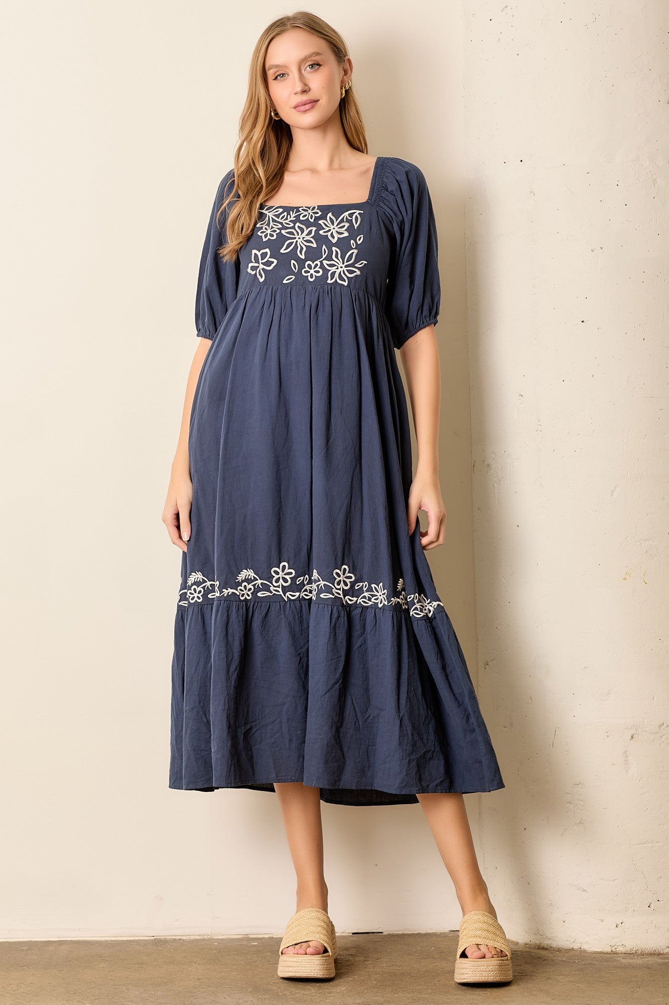Navy Embroidered Floral Square Neck Maxi Dress