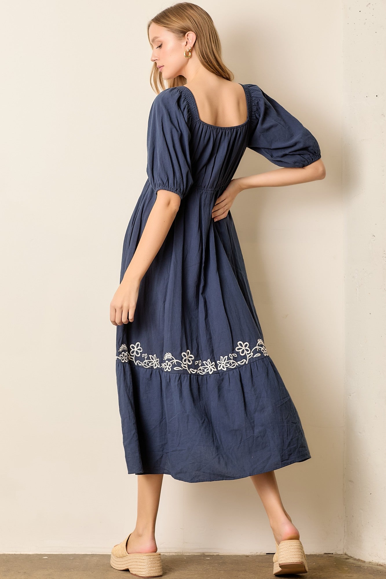 navy dress with embroidered flowers Off Shoulder Navy Embroidery Flower Wedding Dress with Sweep Train Princess  Evening Gowns sew1094 main image 0