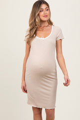 Beige Ribbed Knit Short Sleeve Maternity Dress