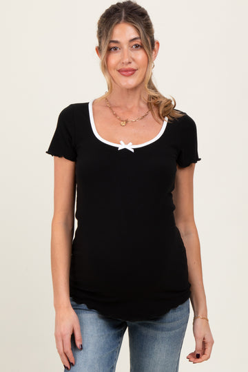 Black Ribbed Short Sleeve Maternity Top