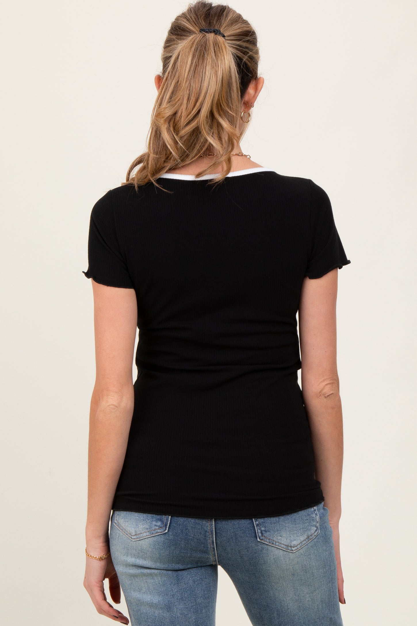 Black Ribbed Short Sleeve Maternity Top