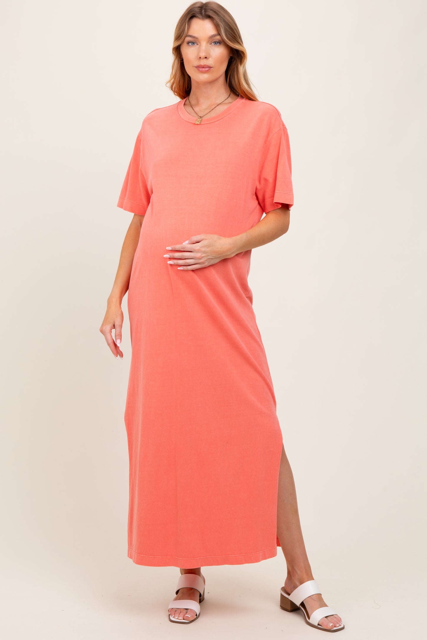 Coral Short Sleeve Knit T-Shirt Maternity Maxi Dress PinkBlush Coral Short Sleeve Knit T-Shirt Maternity Maxi Dress PinkBlush