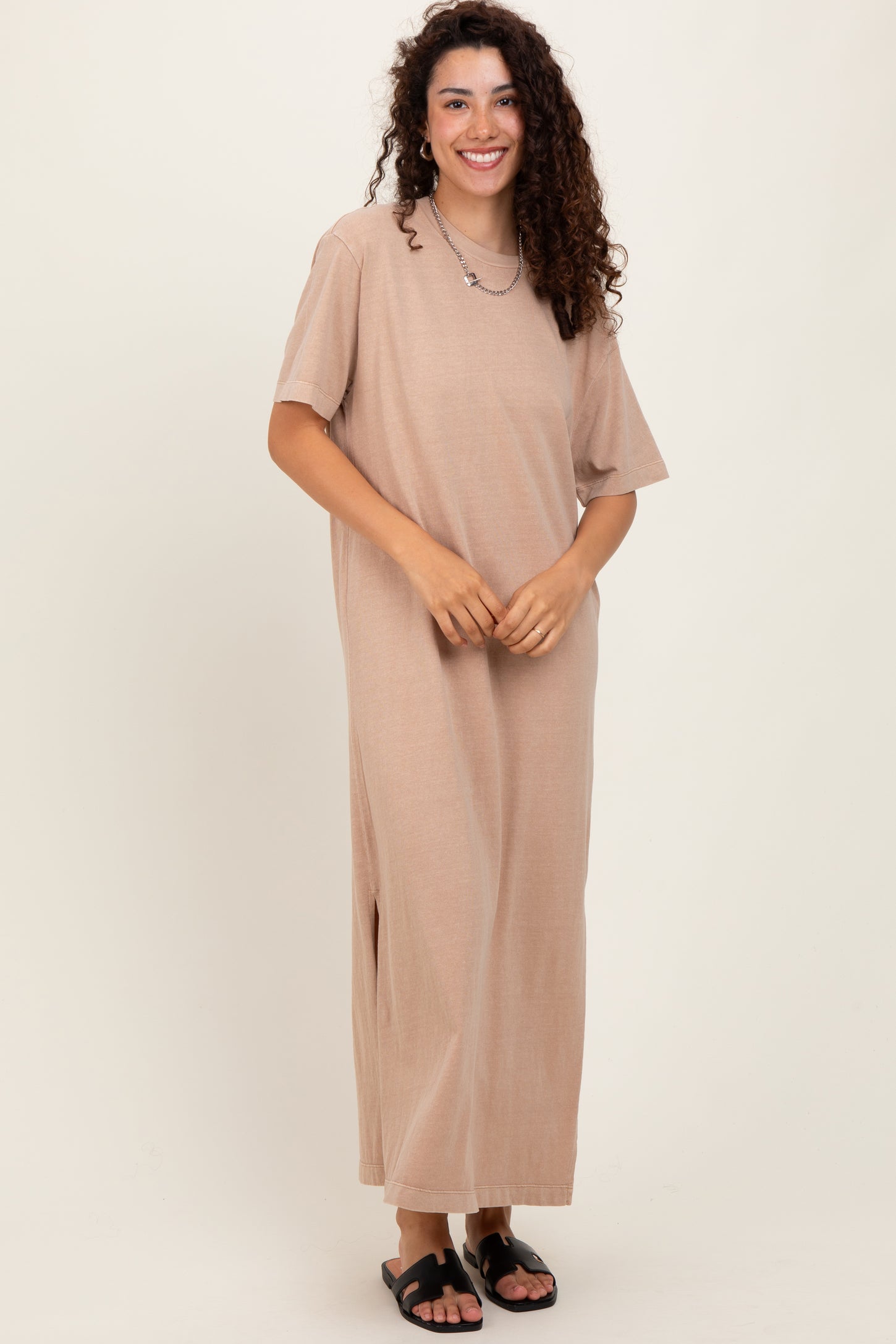 Taupe Short Sleeve Knit T-Shirt Maxi Dress  PinkBlush