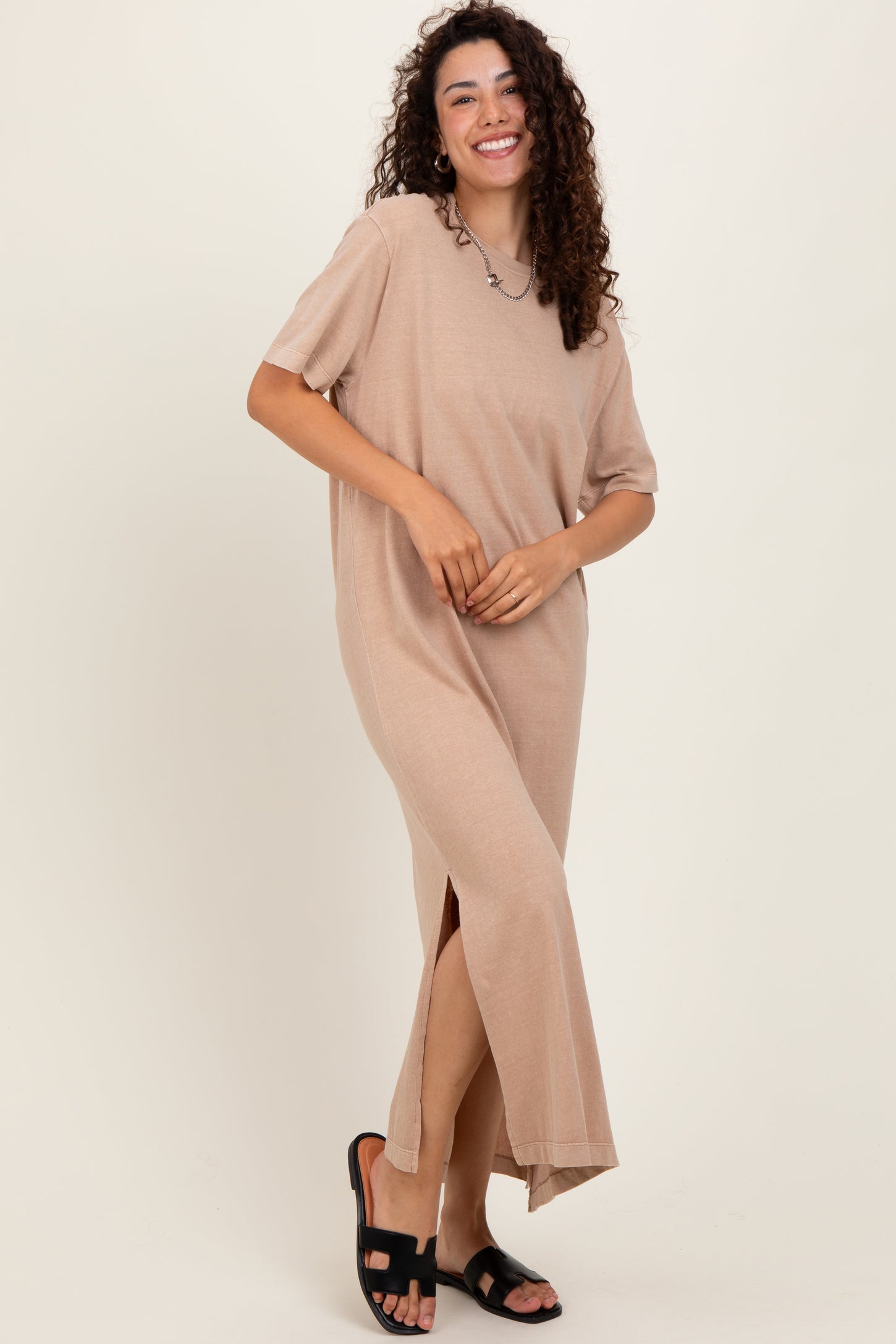 Taupe Short Sleeve Knit T-Shirt Maxi Dress