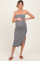 Black/White Striped Strapless Fitted Maternity Maxi Dress
