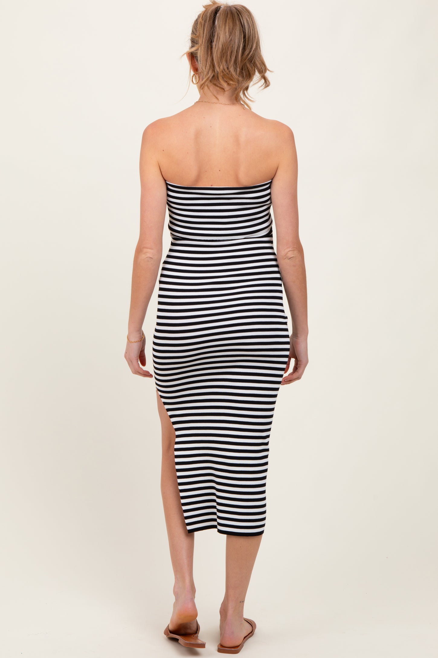 Black/White Striped Strapless Fitted Maternity Maxi Dress
