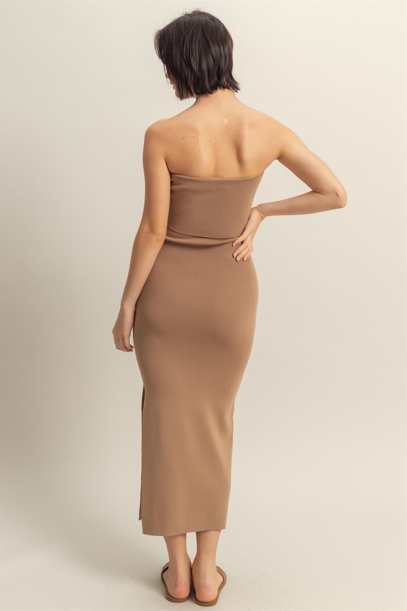 Taupe Strapless Fitted Maxi Dress
