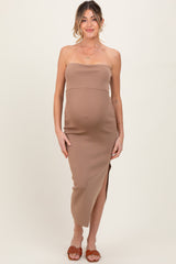 Taupe Strapless Fitted Maternity Maxi Dress