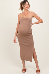 Taupe Strapless Fitted Maternity Maxi Dress