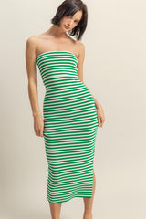 Green/White Striped Strapless Fitted Maxi Dress