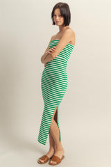 Green/White Striped Strapless Fitted Maxi Dress