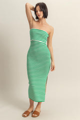 Green/White Striped Strapless Fitted Maxi Dress