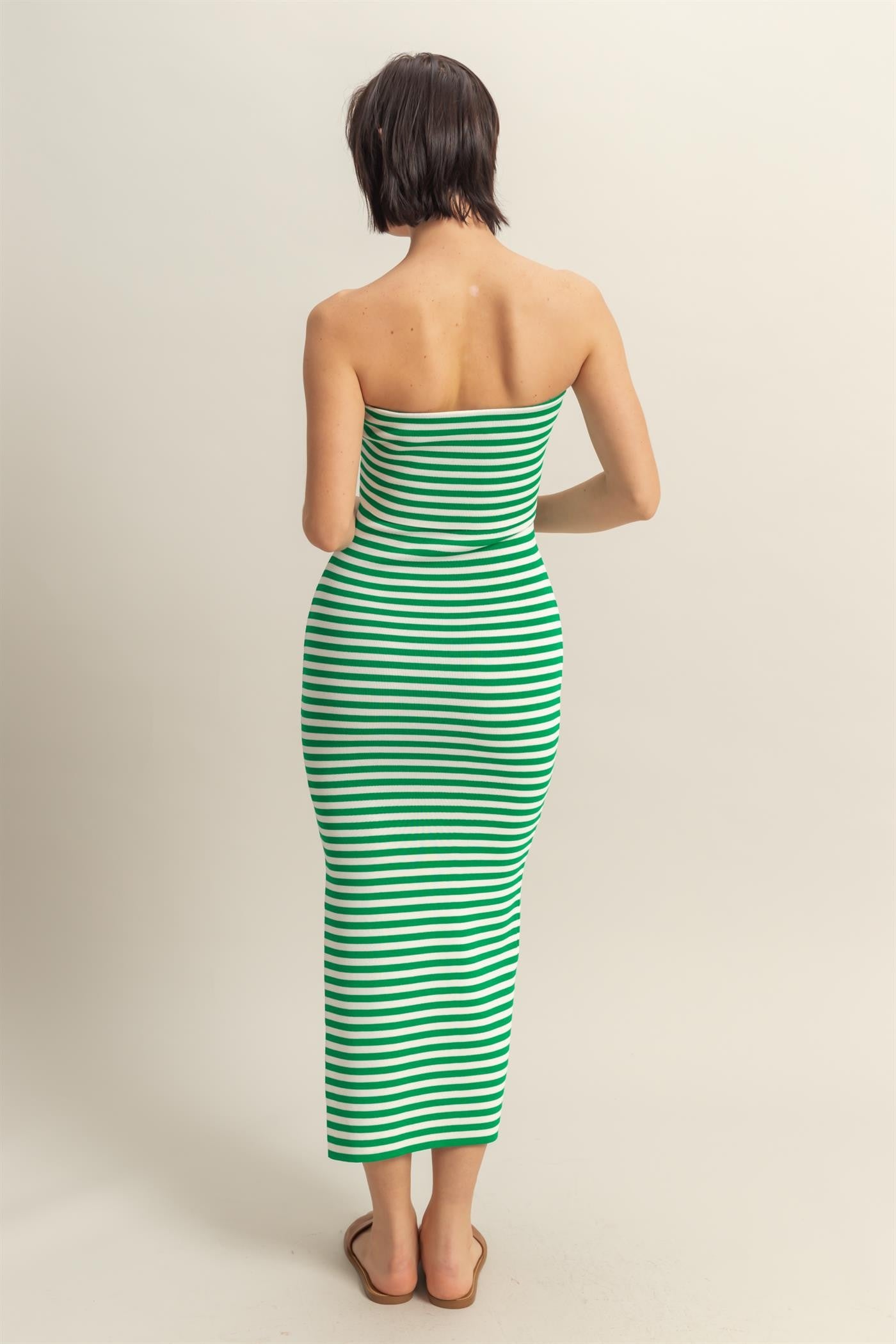 Green/White Striped Strapless Fitted Maxi Dress
