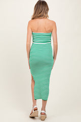 Green/White Striped Strapless Fitted Maternity Maxi Dress