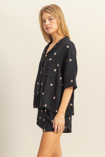 Black Floral Embroidered Top And Shorts Set
