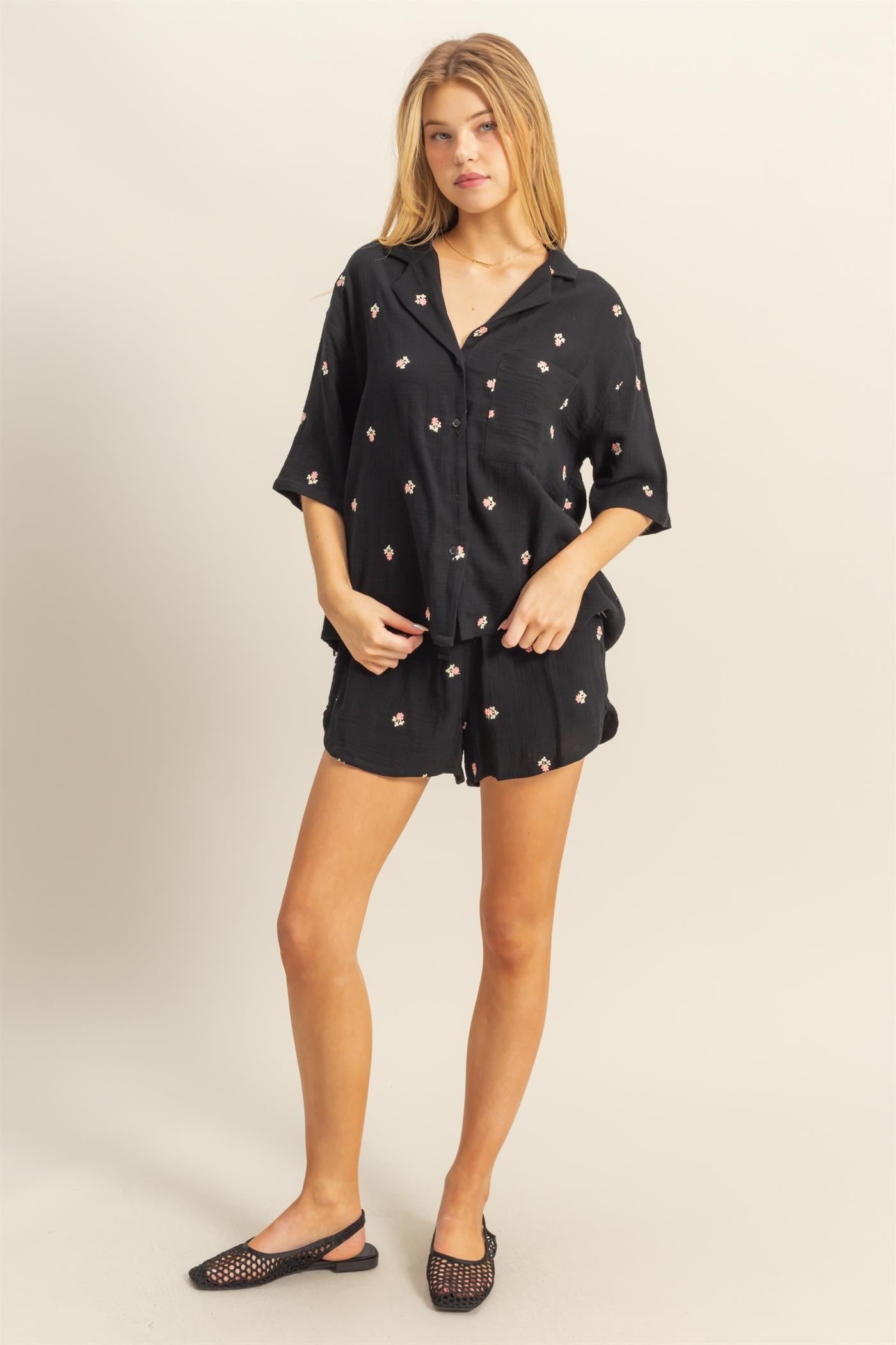 Black Floral Embroidered Top And Shorts Set