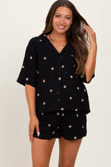 Black Floral Embroidered Top And Shorts Maternity Set