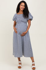Navy Textured Plaid Pen Back Maternity Midi Dress