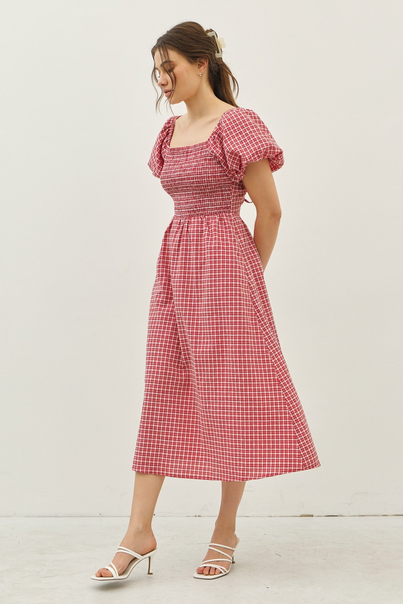 Red Textured Plaid Pen Back Midi Dress