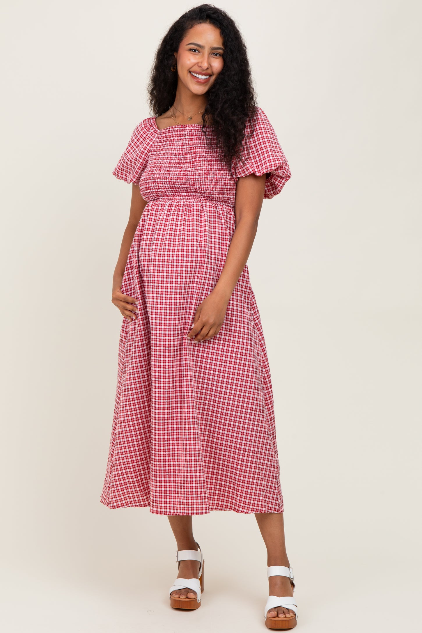 Red Textured Plaid Pen Back Maternity Midi Dress