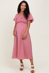 Red Textured Plaid Pen Back Maternity Midi Dress