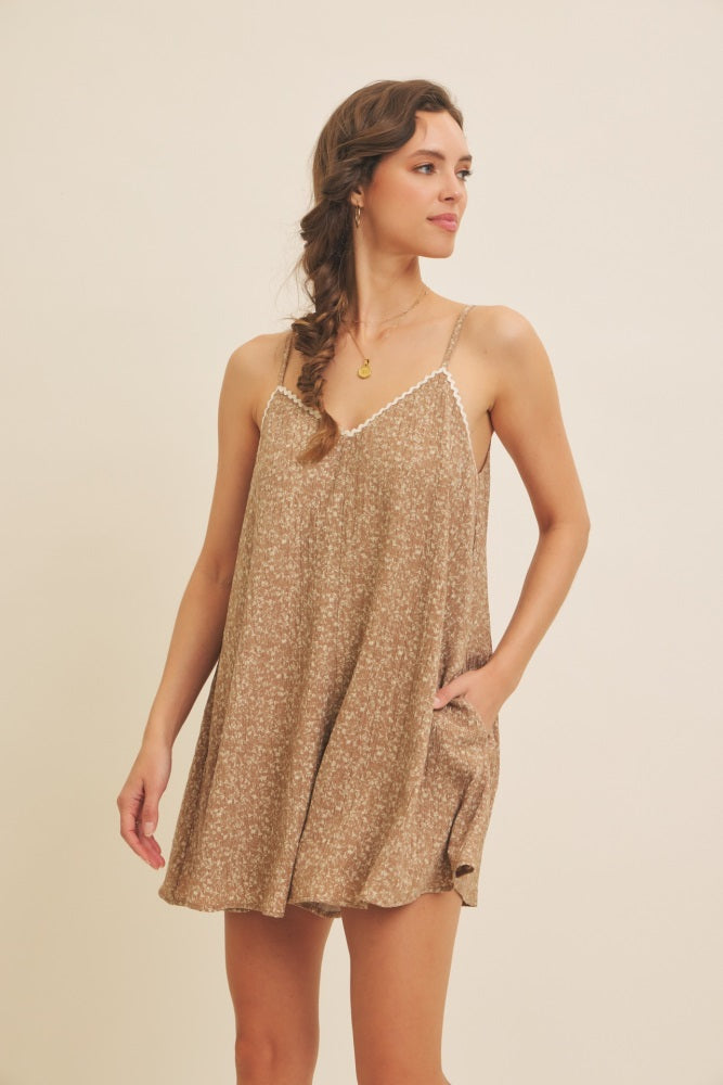 Brown Flowy Jacquard Ditsy Romper