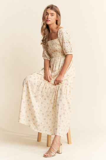 Beige Floral Print Smocked Crochet Tiered Maxi Dress