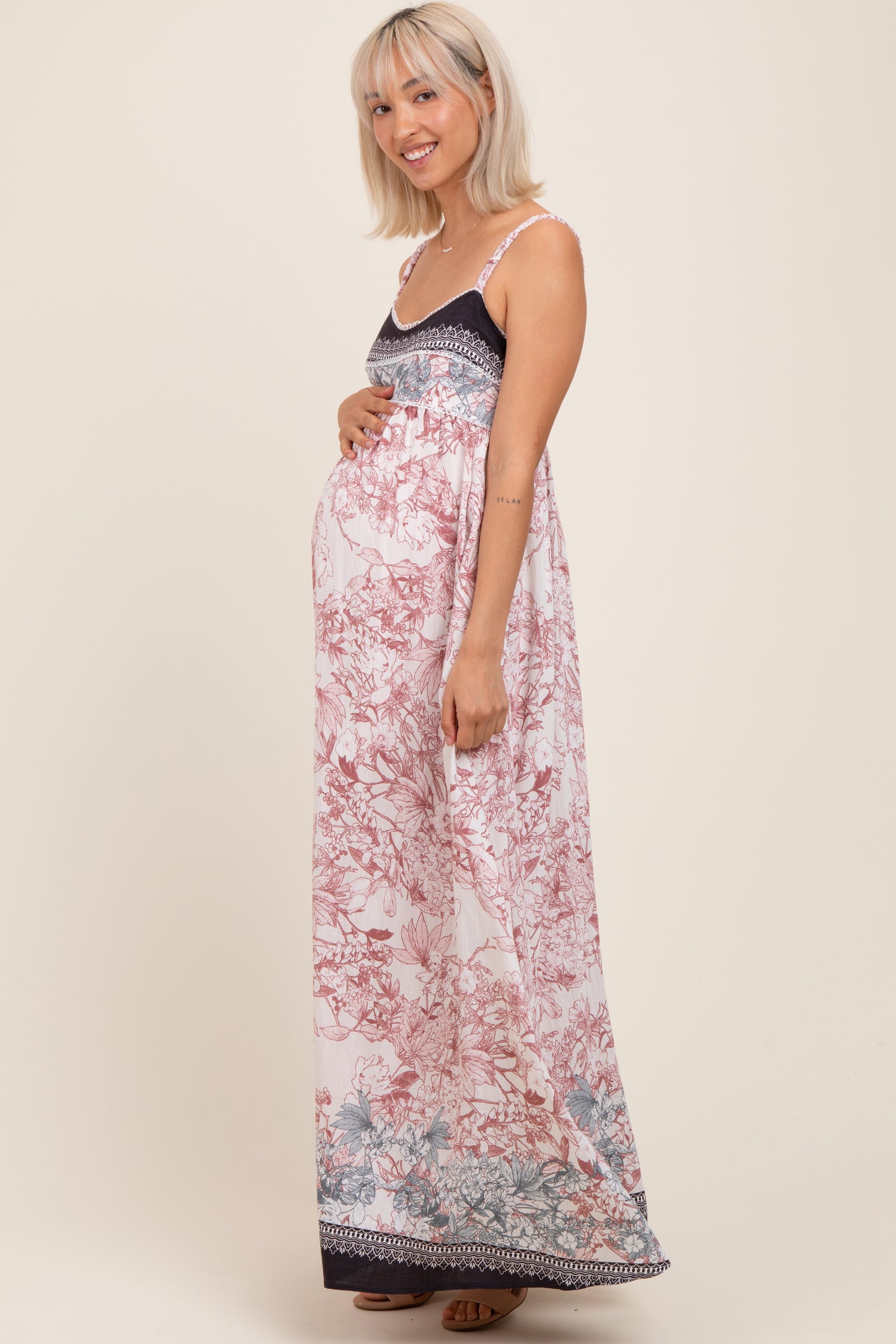 Charcoal Floral Contrast Border Maternity Maxi Dress
