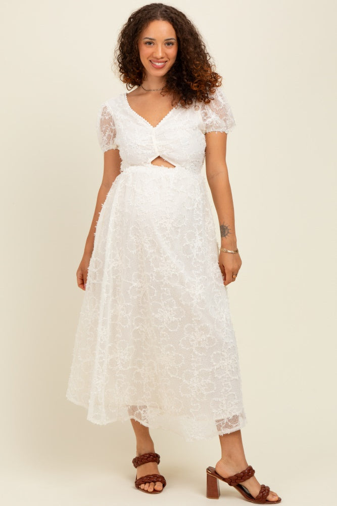 cream lace cut out dress Noughts & Kisses crochet lace cut out detailing bell sleeve maxi dress in cream