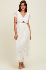 Cream Embroidered Lace Cutout Midi Dress