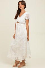Cream Embroidered Lace Cutout Midi Dress